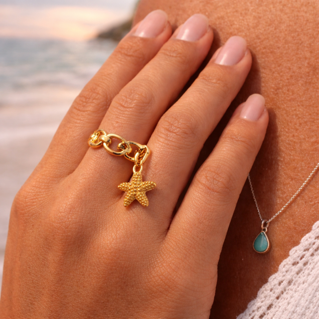Bague réglable étoile de mer dorée – maillons grain de café