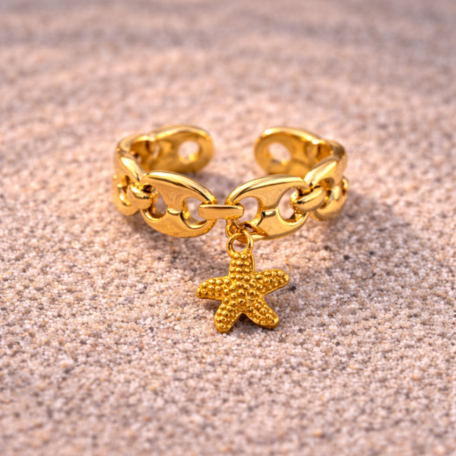 Bague réglable étoile de mer dorée – maillons grain de café
