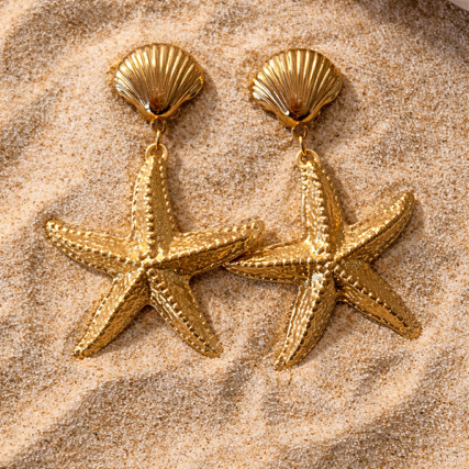 Boucles d’oreilles étoile de mer et coquillage dorées