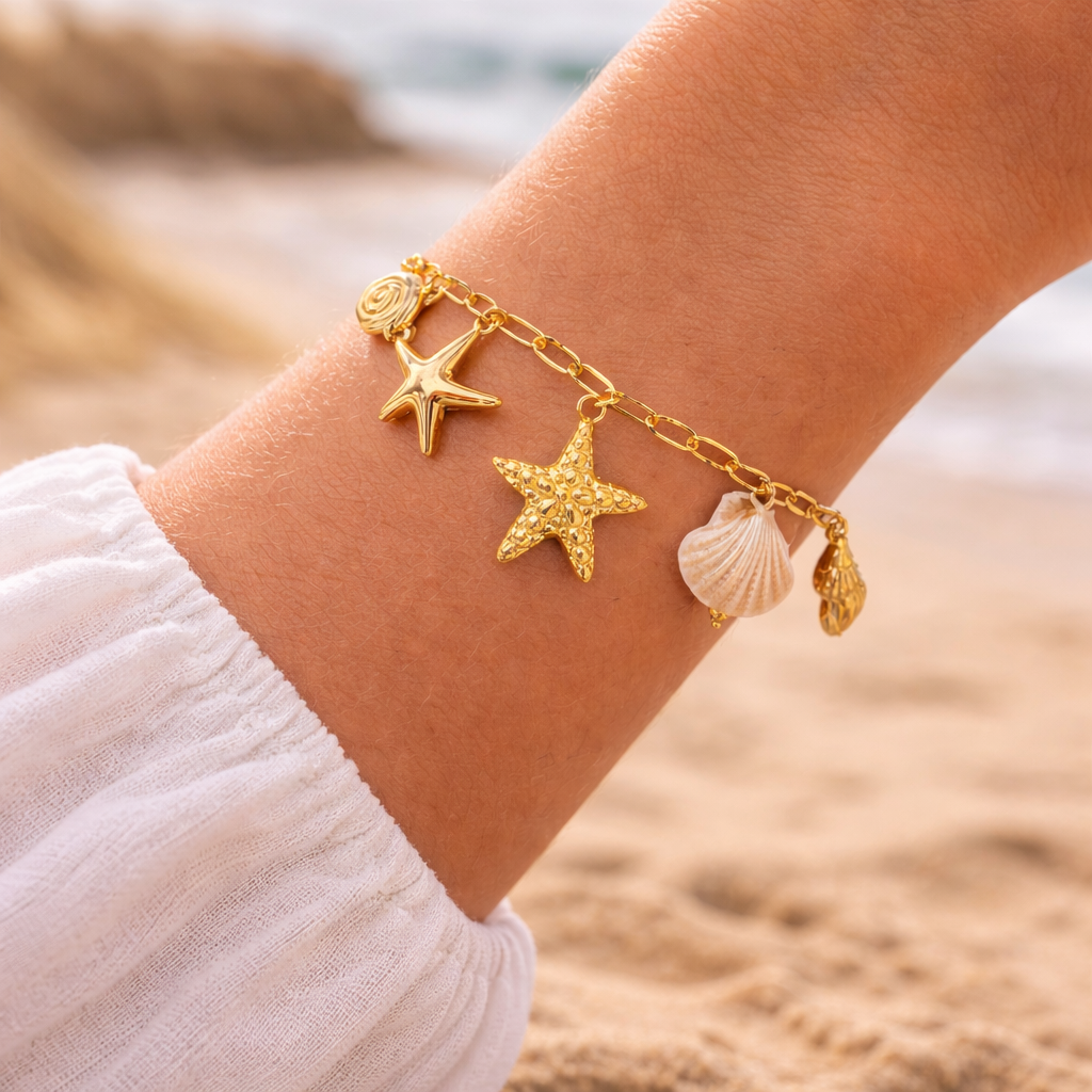 Bracelet breloques étoile de mer & coquillages doré – Esprit plage chic