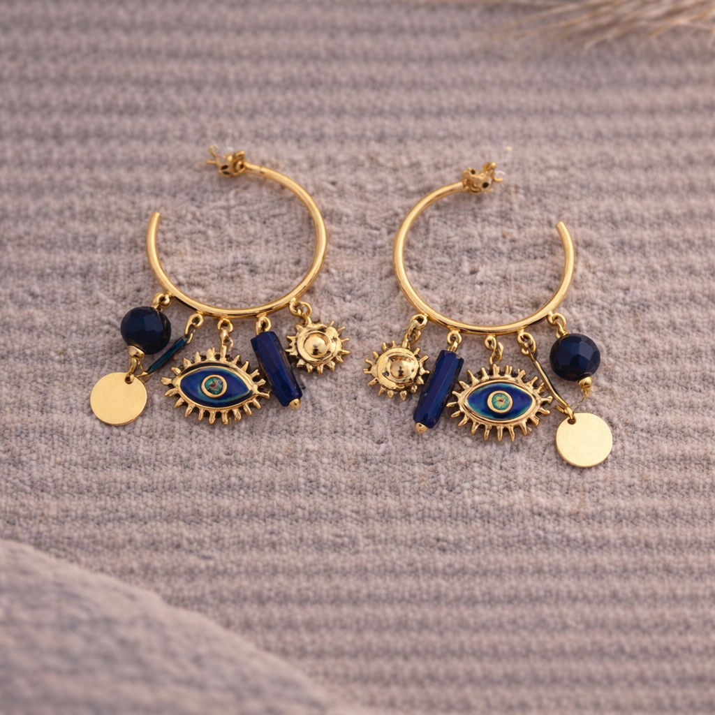 Boucles d’oreilles créoles œil bleu – Charms bohème chic dorés